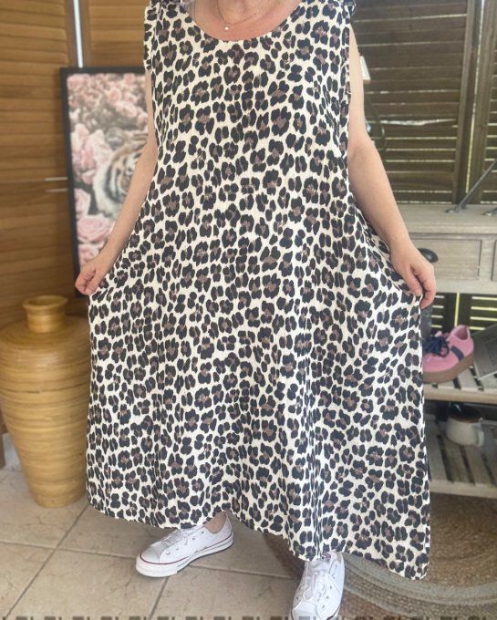 Robe longue gaze de coton léopard crème choco noir du 42 au 52/54 