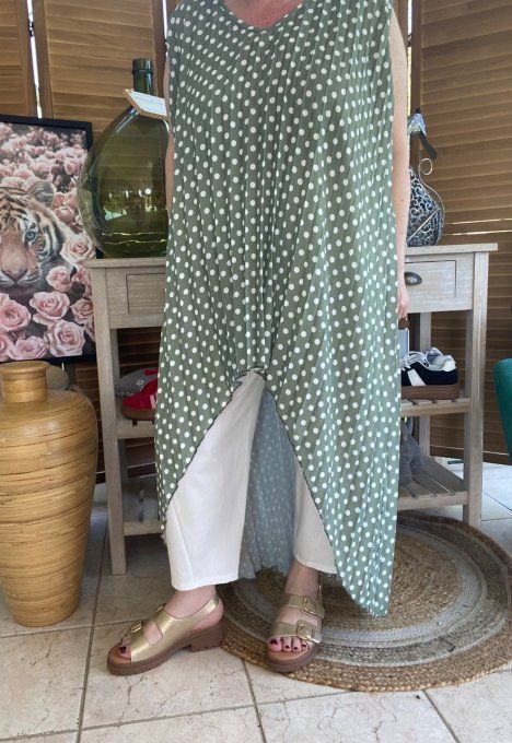 Maxi-tunique plissée asymétrique kaki clair pois blancs du 42 au 56/58