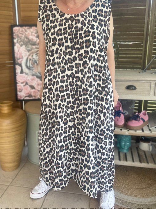 Robe longue gaze de coton léopard crème choco noir du 42 au 52/54 