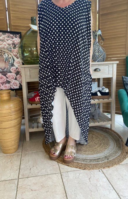 Maxi-tunique plissée asymétrique noire pois blancs du 42 au 56/58