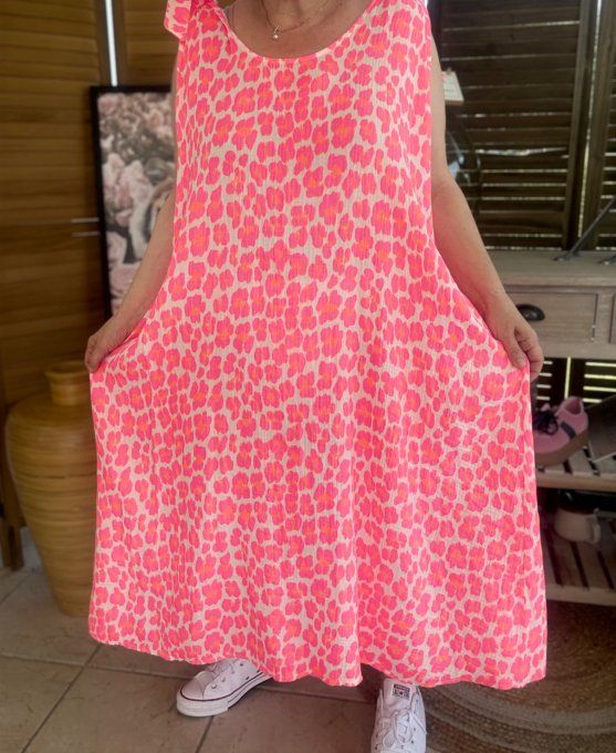 Robe longue gaze de coton léopard rose fluo & orange fluo du 42 au 52/54