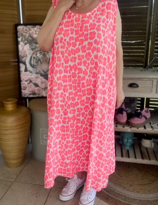 Robe longue gaze de coton léopard rose fluo & orange fluo du 42 au 52/54