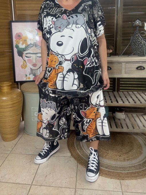Ensemble bermuda façon Jort + top  Snoopy Hard Rock Fan et ses Chats du 40 au 52 