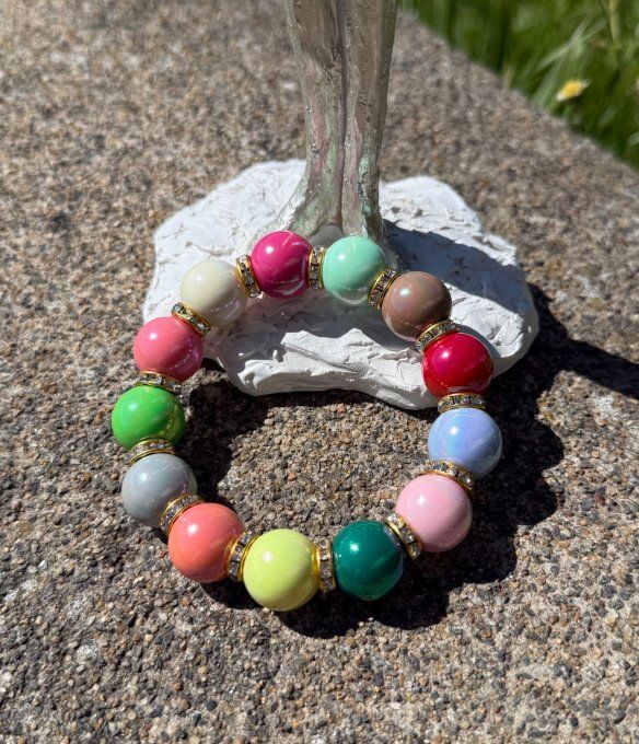 Bracelet ARTISANAL extensible N°1 perles multicolores apprêts strass dorés TOUTES TAILLES