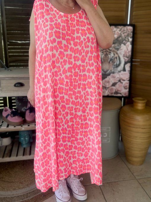 Robe longue gaze de coton léopard rose fluo & orange fluo du 42 au 52/54