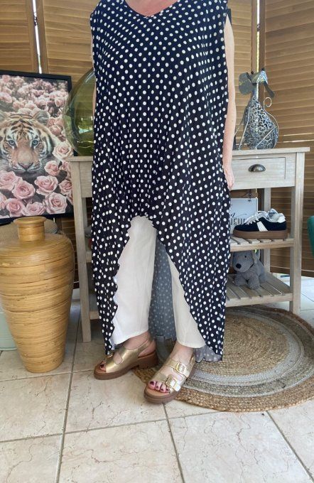 Maxi-tunique plissée asymétrique noire pois blancs du 42 au 56/58