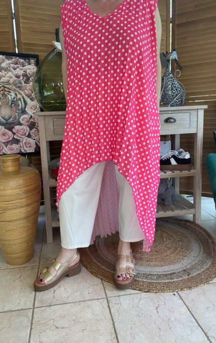 Maxi-tunique plissée asymétrique fuschia pois blancs du 42 au 56/58