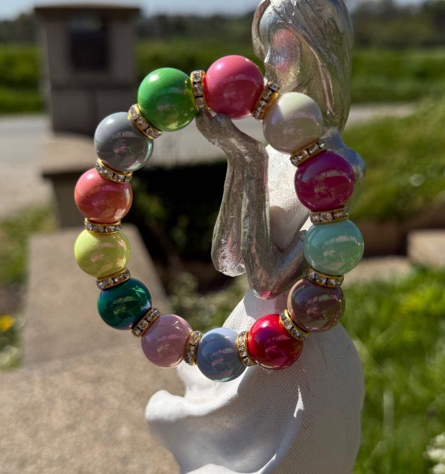 Bracelet ARTISANAL extensible N°1 perles multicolores apprêts strass dorés TOUTES TAILLES