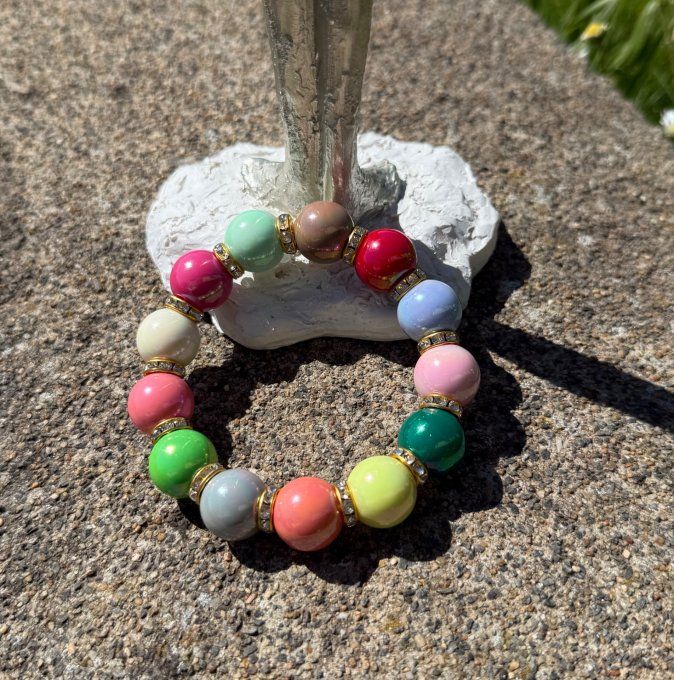 Bracelet ARTISANAL extensible N°1 perles multicolores apprêts strass dorés TOUTES TAILLES