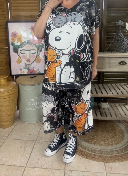 Ensemble bermuda façon Jort + top  Snoopy Hard Rock Fan et ses Chats du 40 au 52 