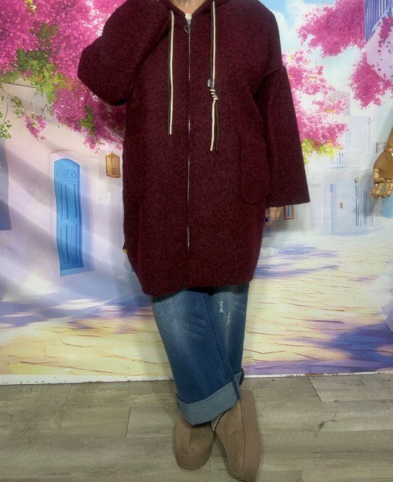 Manteau à capuche mi-long aspect laine bouillie Grenat Frida Kahlo confort +++ du 40 au 52 et même +