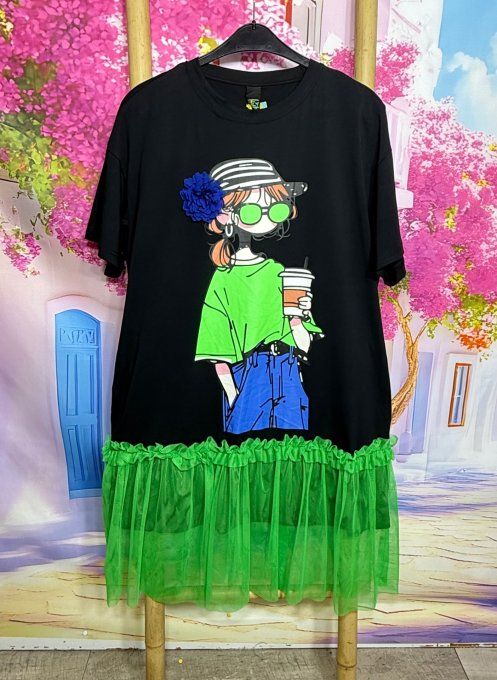 Robe mi-longue noire & tulle vert Gucci Fly Out Pretty Fashion Girl Fleur en relief du 36 au 46/48