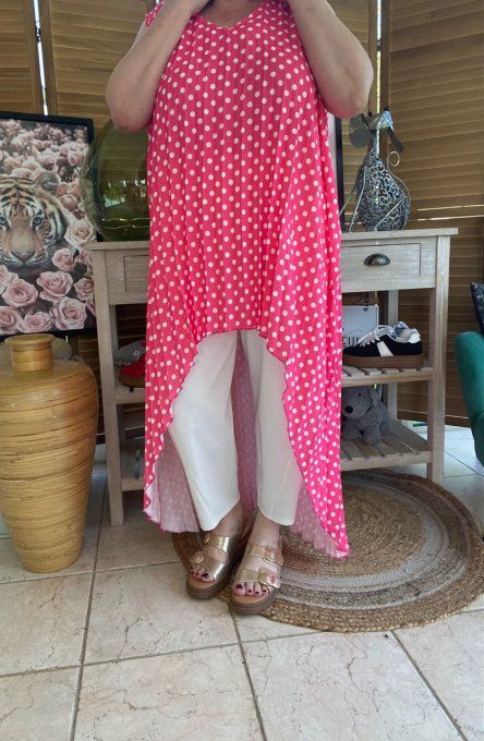 Maxi-tunique plissée asymétrique fuschia pois blancs du 42 au 56/58