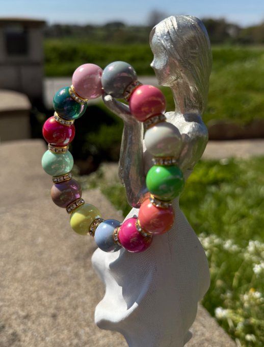 Bracelet ARTISANAL extensible N°2 perles multicolores apprêts strass dorés TOUTES TAILLES