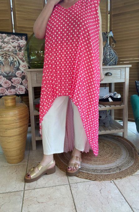 Maxi-tunique plissée asymétrique fuschia pois blancs du 42 au 56/58