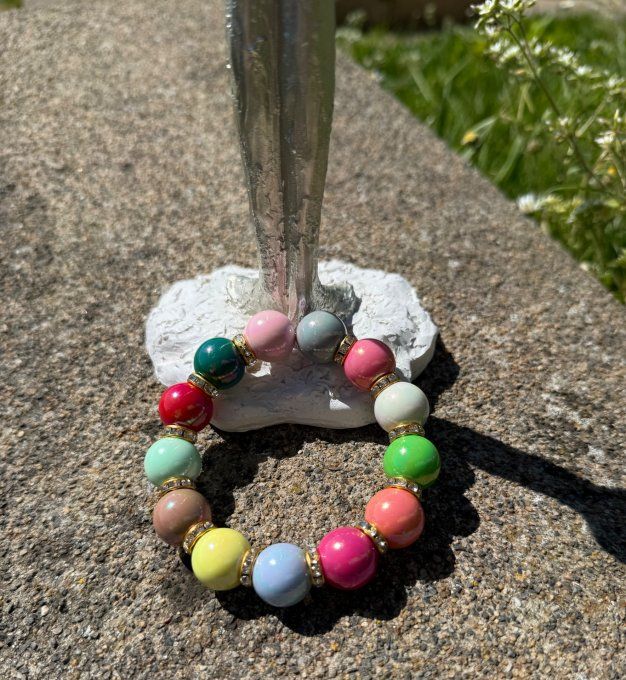 Bracelet ARTISANAL extensible N°2 perles multicolores apprêts strass dorés TOUTES TAILLES