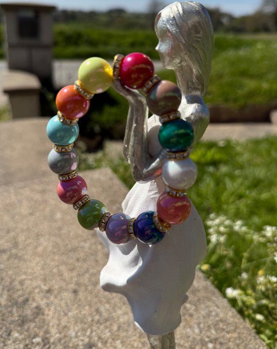 Bracelet ARTISANAL extensible N°3 perles multicolores apprêts strass dorés TOUTES TAILLES