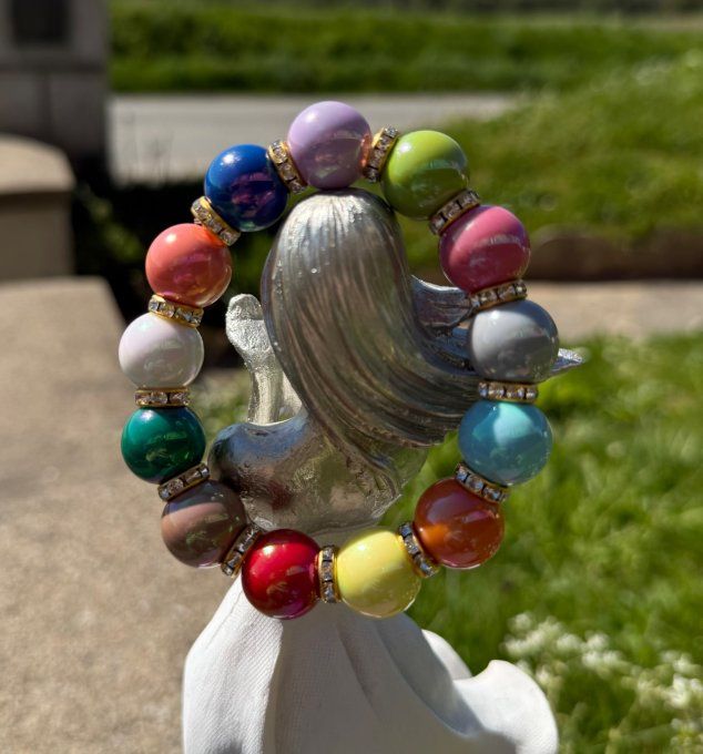 Bracelet ARTISANAL extensible N°3 perles multicolores apprêts strass dorés TOUTES TAILLES