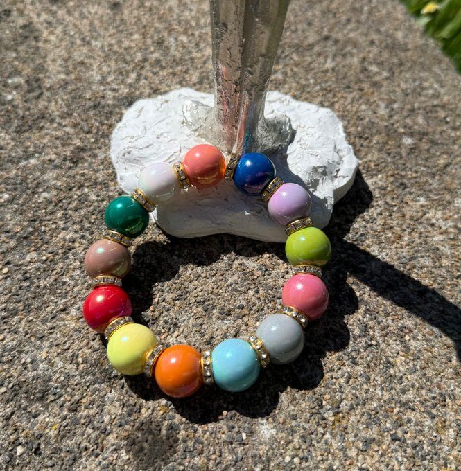 Bracelet ARTISANAL extensible N°3 perles multicolores apprêts strass dorés TOUTES TAILLES