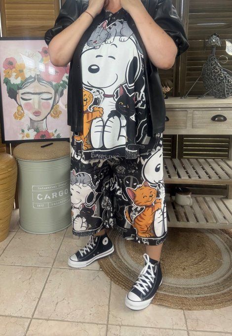Ensemble bermuda façon Jort + top  Snoopy Hard Rock Fan et ses Chats du 40 au 52 
