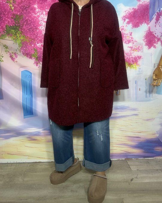 Manteau à capuche mi-long aspect laine bouillie Grenat Frida Kahlo confort +++ du 40 au 52 et même +