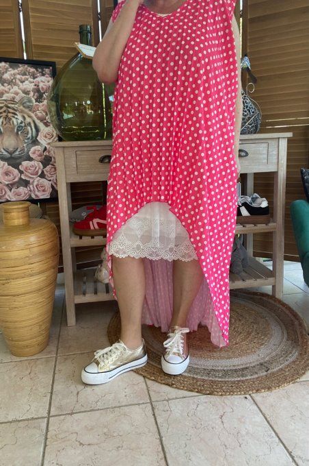 Maxi-tunique plissée asymétrique fuschia pois blancs du 42 au 56/58