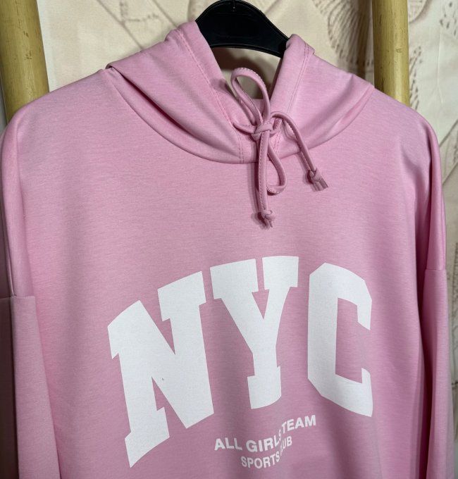 Maxi-sweat à capuche rose bébé ou Robe-sweat sportswear confort +++ du 40 au 52 