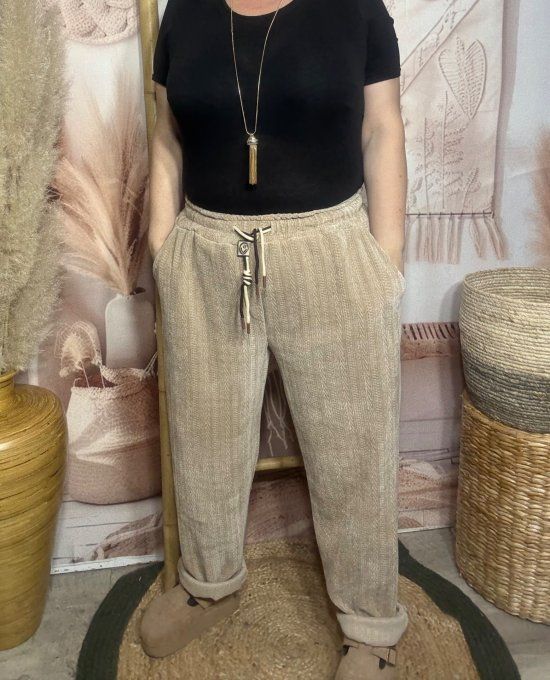 pantalon façon jogg  velours rayé et motifs texturés camel confort ++++ du 40 au 50/52 