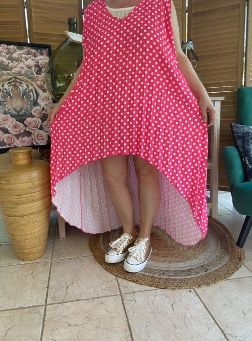 Maxi-tunique plissée asymétrique fuschia pois blancs du 42 au 56/58