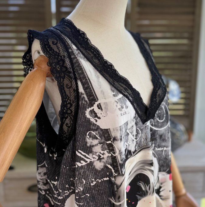 Robe effet jeans noir délavé Marylin Monroe dentelle noire du 38 au 46/48