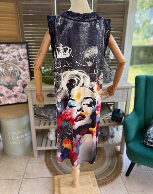 Robe effet jeans noir délavé Marylin Monroe dentelle noire du 38 au 46/48