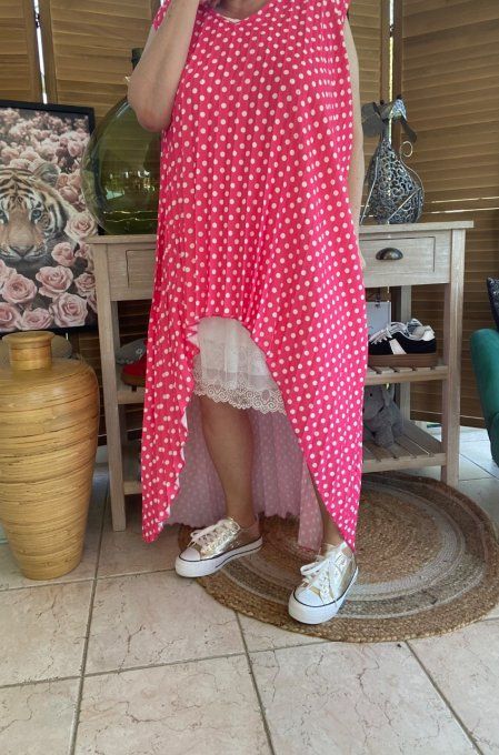 Maxi-tunique plissée asymétrique fuschia pois blancs du 42 au 56/58