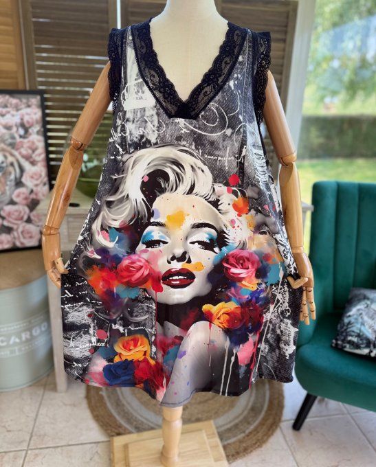 Robe effet jeans noir délavé Marylin Monroe dentelle noire du 38 au 46/48