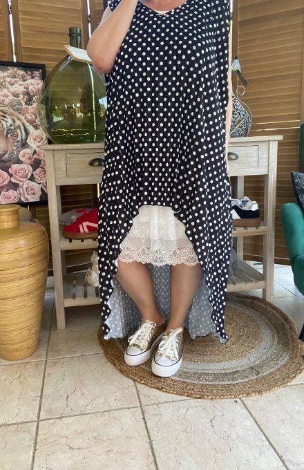 Maxi-tunique plissée asymétrique noire pois blancs du 42 au 56/58
