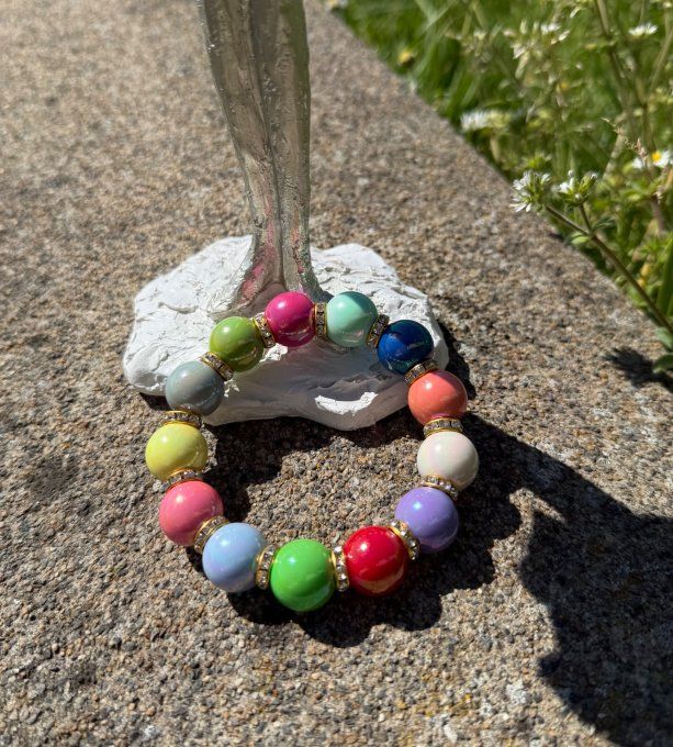 Bracelet ARTISANAL extensible N°5 perles multicolores apprêts strass dorés TOUTES TAILLES