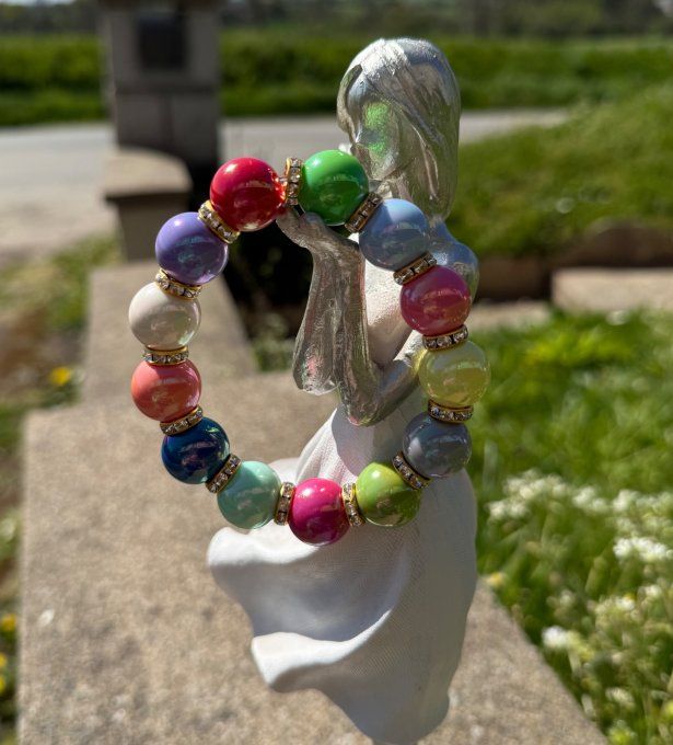 Bracelet ARTISANAL extensible N°5 perles multicolores apprêts strass dorés TOUTES TAILLES
