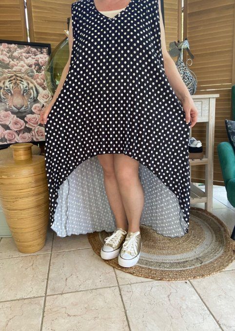 Maxi-tunique plissée asymétrique noire pois blancs du 42 au 56/58