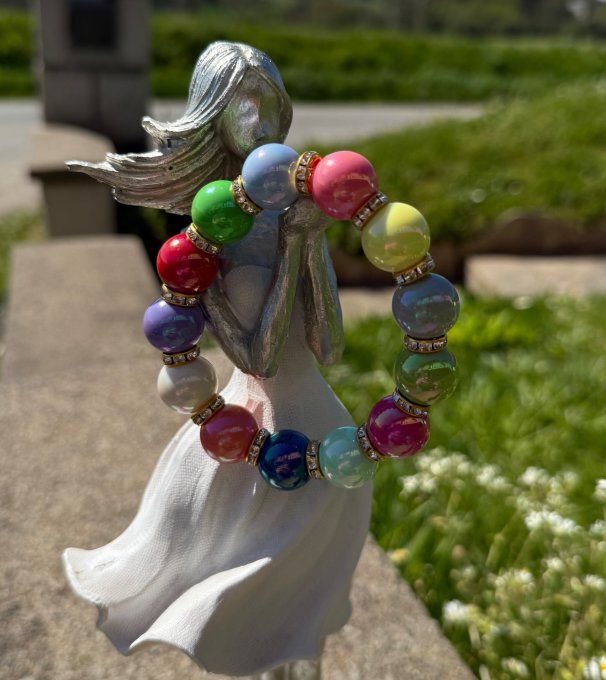 Bracelet ARTISANAL extensible N°5 perles multicolores apprêts strass dorés TOUTES TAILLES