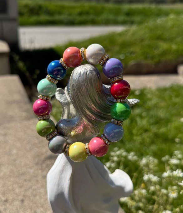 Bracelet ARTISANAL extensible N°5 perles multicolores apprêts strass dorés TOUTES TAILLES