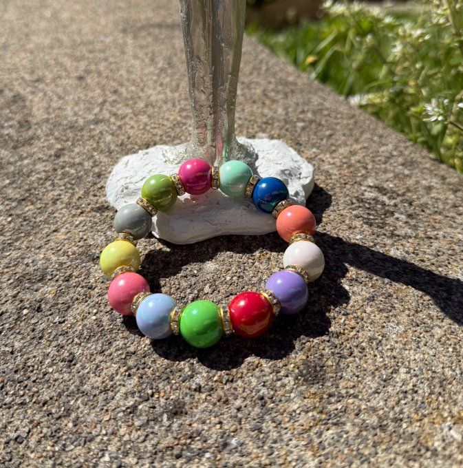 Bracelet ARTISANAL extensible N°5 perles multicolores apprêts strass dorés TOUTES TAILLES
