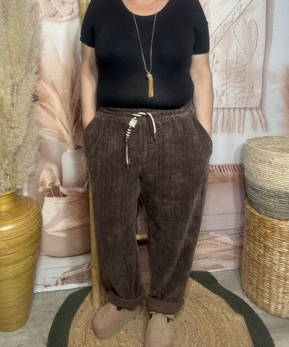 pantalon façon jogg  velours rayé et motifs texturés chocolat confort ++++ du 40 au 50/52 