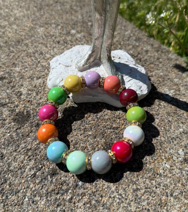 Bracelet ARTISANAL extensible N°6 perles multicolores apprêts strass dorés TOUTES TAILLES
