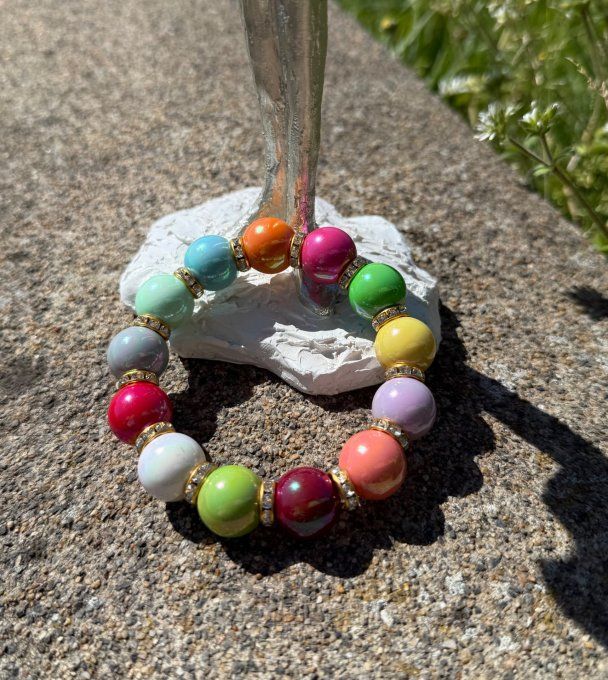 Bracelet ARTISANAL extensible N°6 perles multicolores apprêts strass dorés TOUTES TAILLES