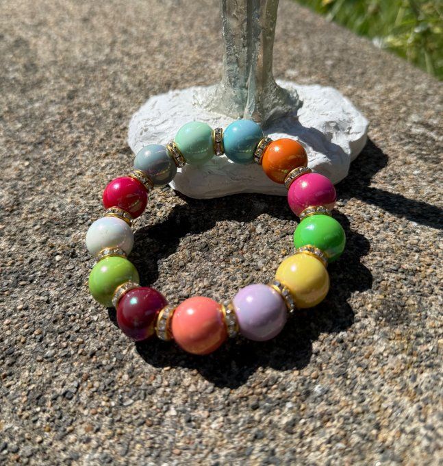 Bracelet ARTISANAL extensible N°6 perles multicolores apprêts strass dorés TOUTES TAILLES