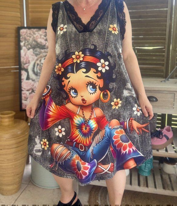 Robe effet jeans noir délavé Betty Boop Hippie Girl dentelle noire du 38 au 46/48 