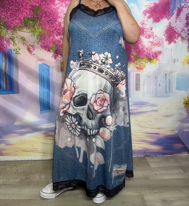 Robe nuisette lycra effet jeans délavé et dentelle Mexican Skulls bretelles réglables du 38 au 48