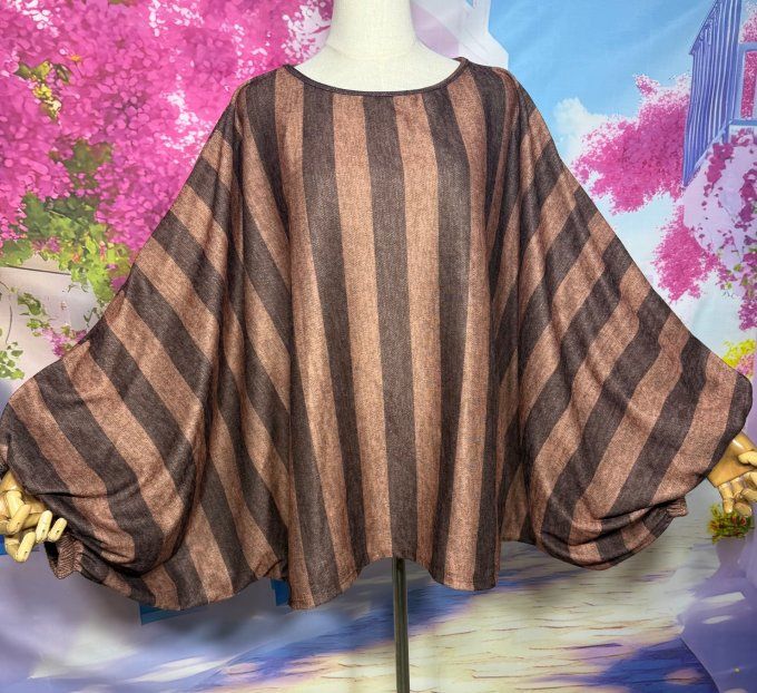 Pull fin oversize manches chauve-souris rayé Caramel Chocolat Douceur +++ du 42 au 56/58