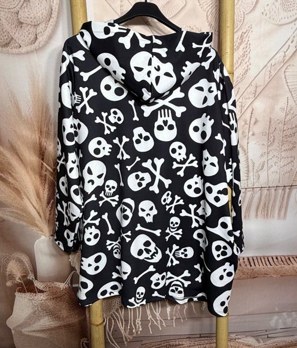 Gilet à capuche oversize noir Skulls Calaveras blanches Allover du 42 au 56 et même +  