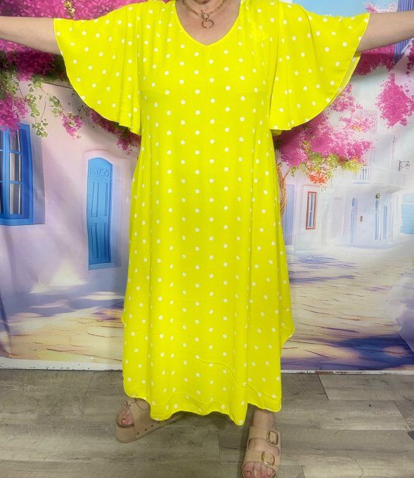 Robe trapèze longue asymétrique Jaune Citron pois blancs manches volantées + ceinture du 38 au 52