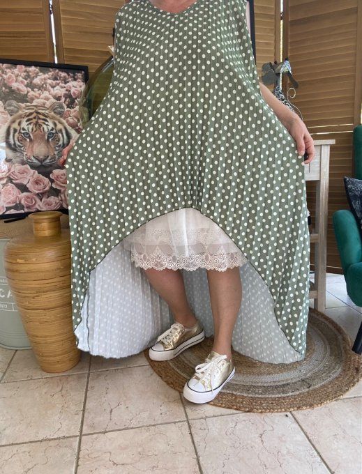 Maxi-tunique plissée asymétrique kaki clair pois blancs du 42 au 56/58